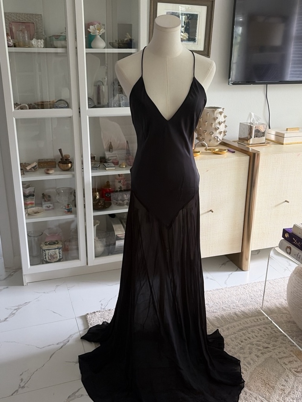 Victoria Beckham Black Satin Slip Dress with Spaghetti Straps